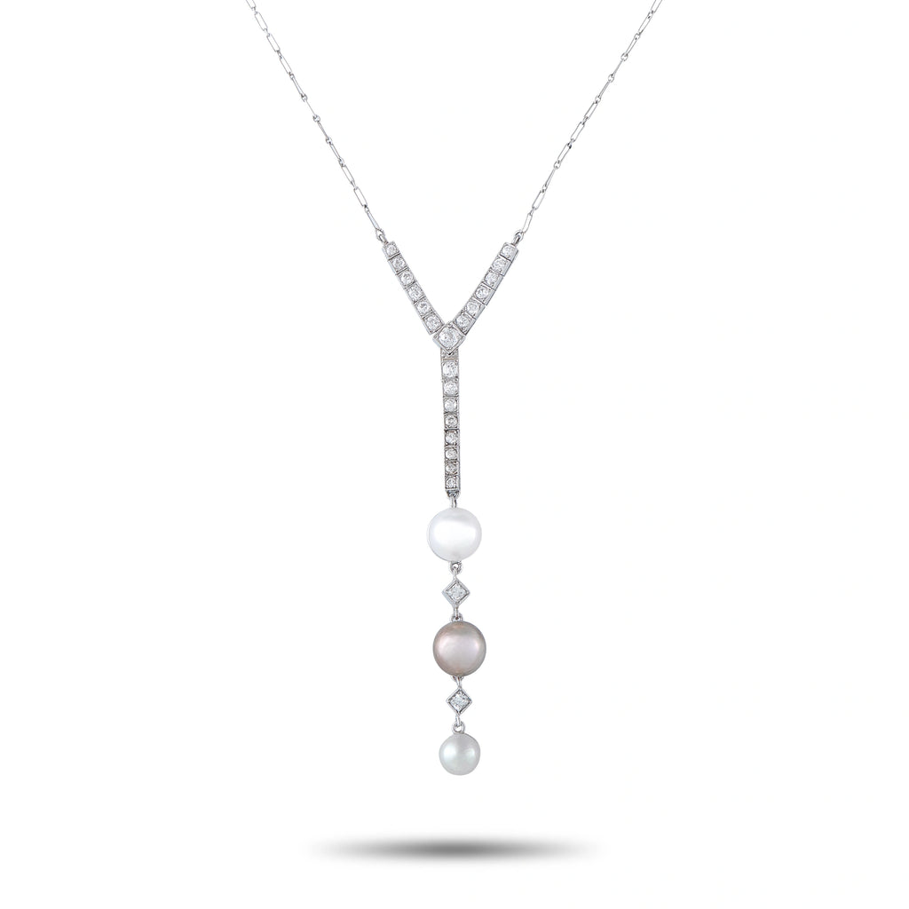 Diamond and pearl pendant with V-shaped settings and three round pearls on white metal chain
