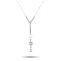 Diamond and pearl pendant with V-shaped settings and three round pearls on white metal chain