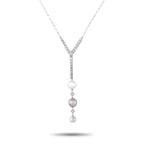 Diamond and pearl pendant with V-shaped settings and three round pearls on white metal chain