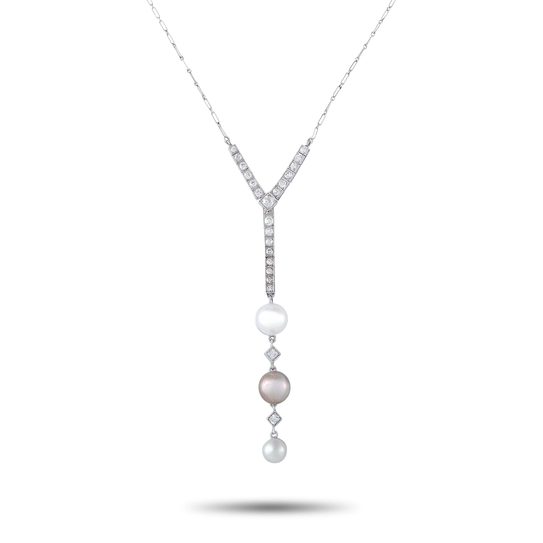 Diamond and pearl pendant with V-shaped settings and three round pearls on white metal chain