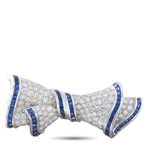 Vintage Platinum and 18K Yellow Gold 2.40ct Diamond and Sapphire Bow Brooch