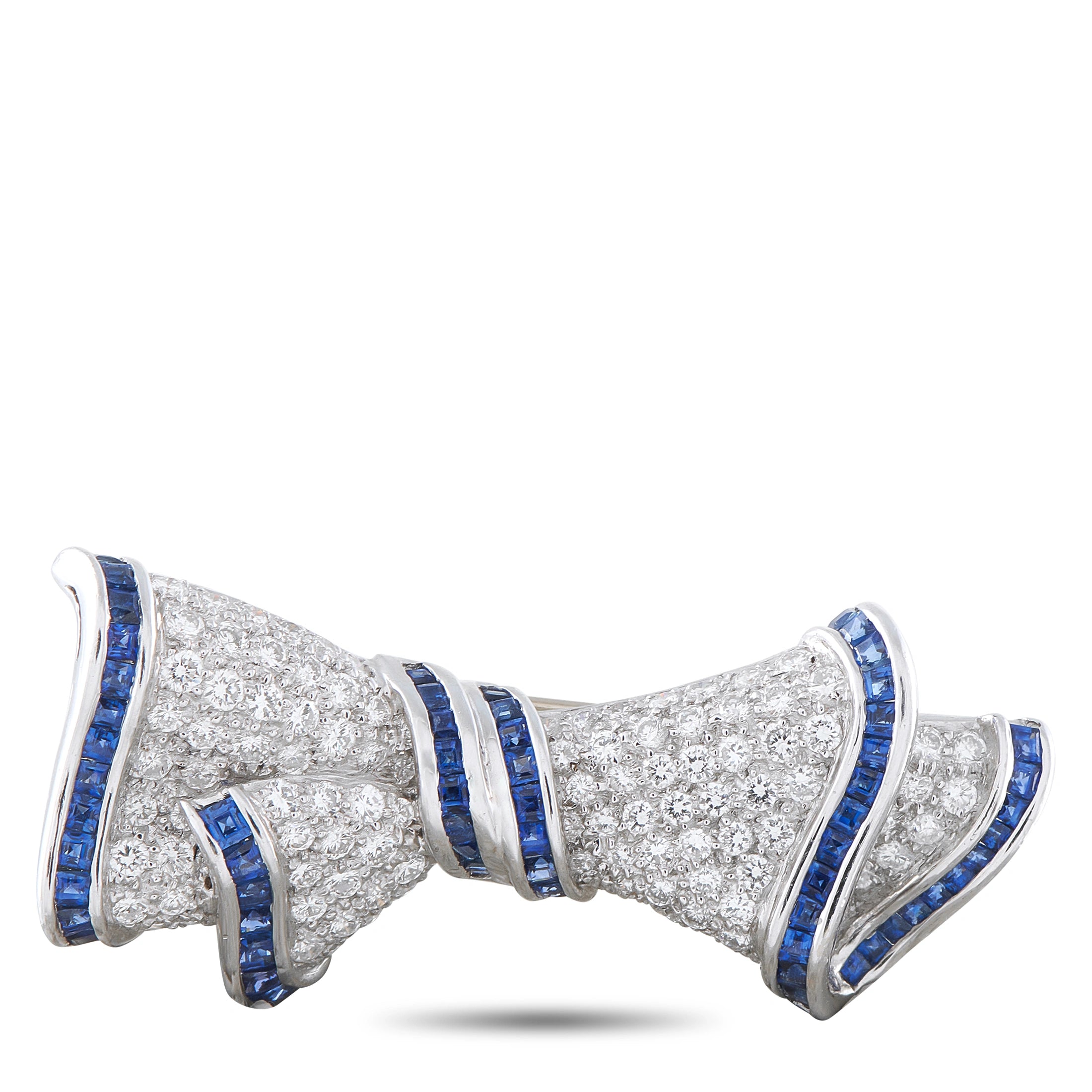 Vintage Platinum and 18K Yellow Gold 2.40ct Diamond and Sapphire Bow Brooch