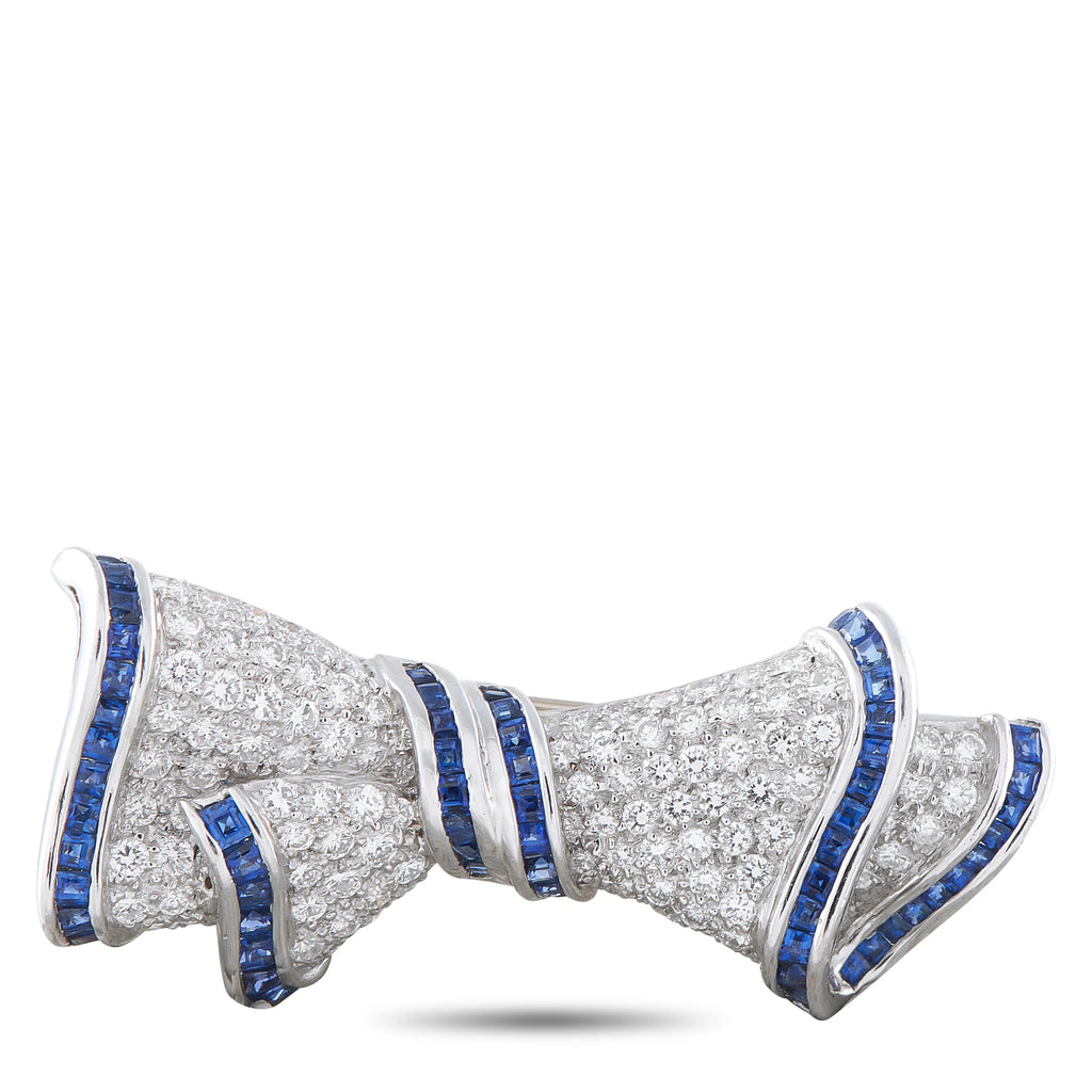 Vintage Platinum and 18K Yellow Gold 2.40ct Diamond and Sapphire Bow Brooch