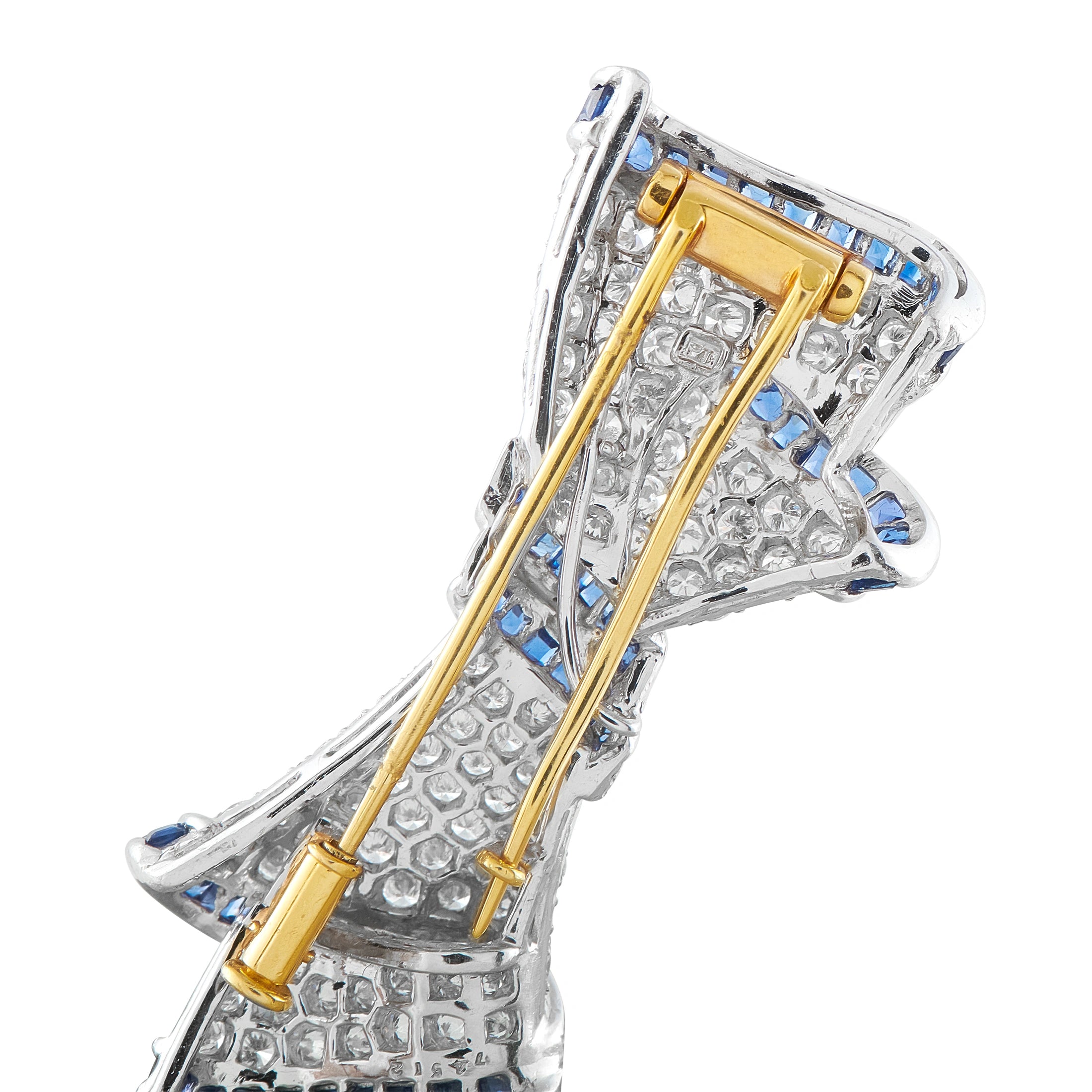 Vintage Platinum and 18K Yellow Gold 2.40ct Diamond and Sapphire Bow Brooch