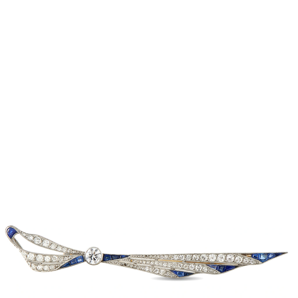 Antique Platinum and 18K Yellow Gold 0.90ct Diamond and Sapphire Brooch