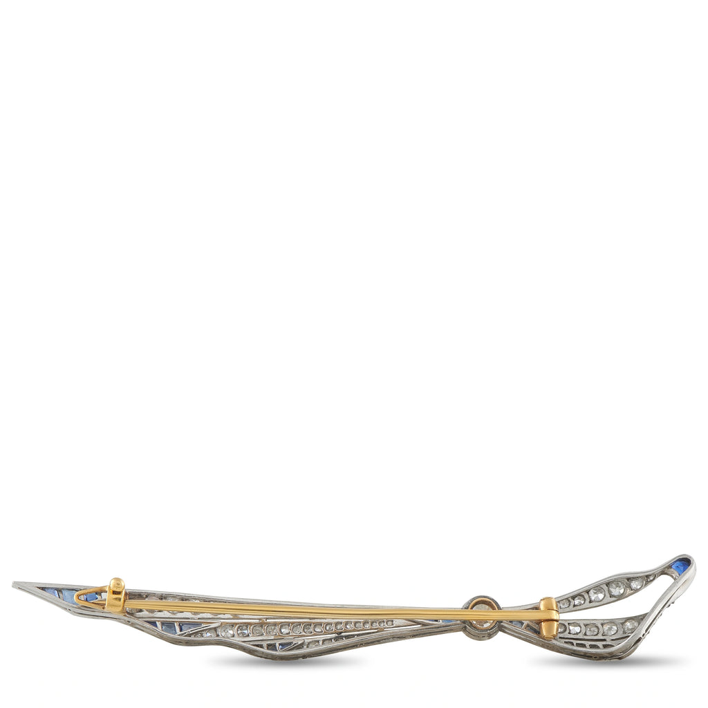 Antique Platinum and 18K Yellow Gold 0.90ct Diamond and Sapphire Brooch