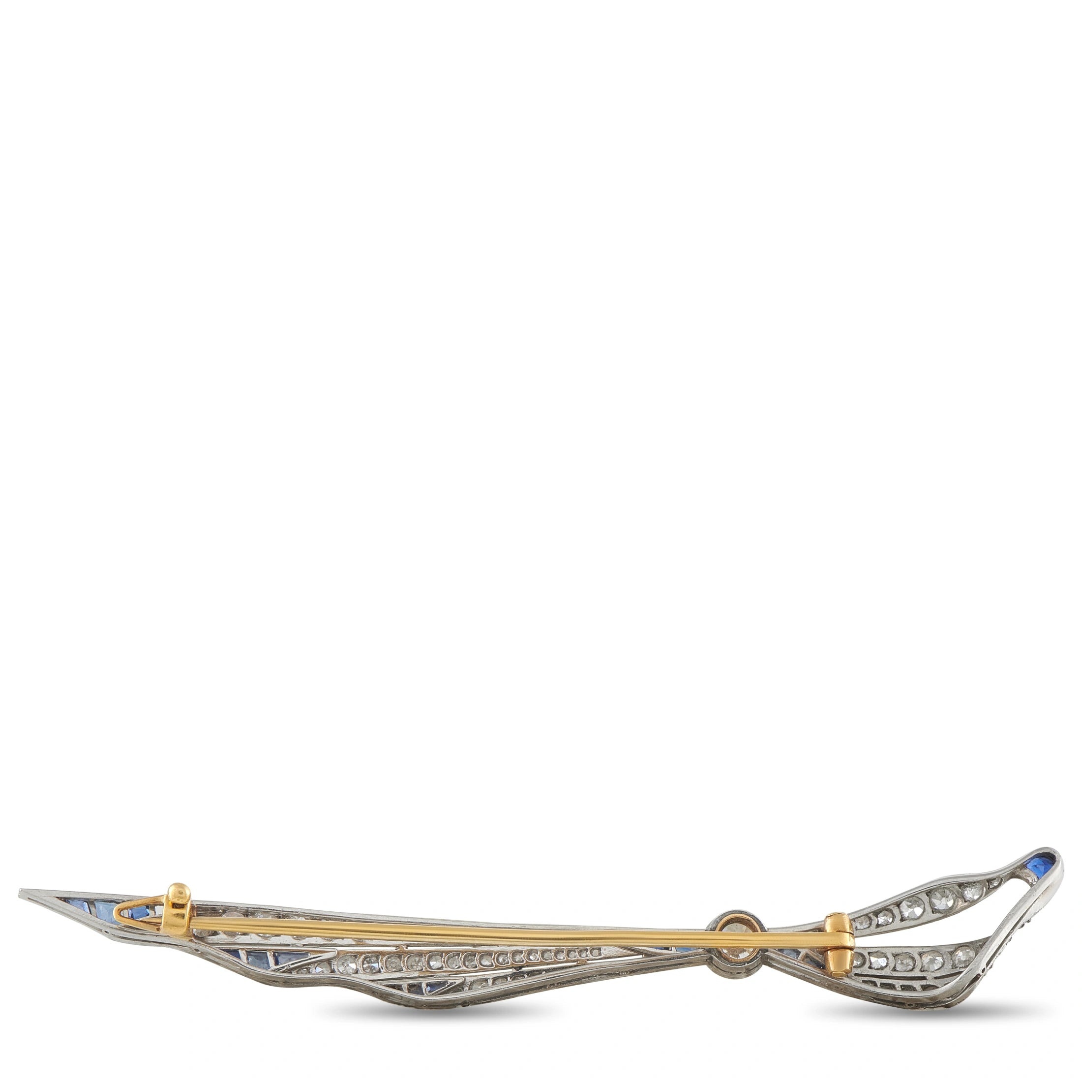 Antique Platinum and 18K Yellow Gold 0.90ct Diamond and Sapphire Brooch