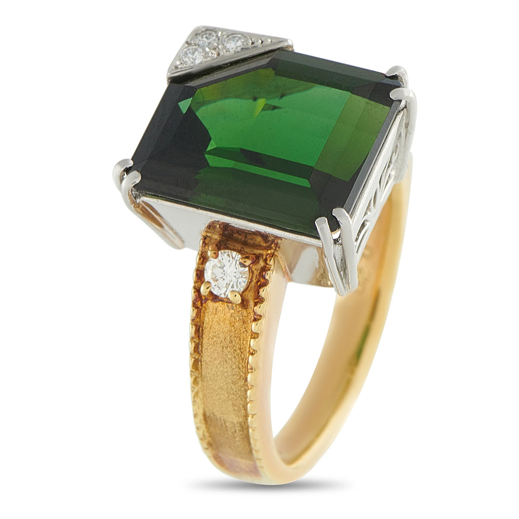 Exclusive Platinum and 18K Yellow Gold 0.20ct Diamond and Green Tourmaline Ring