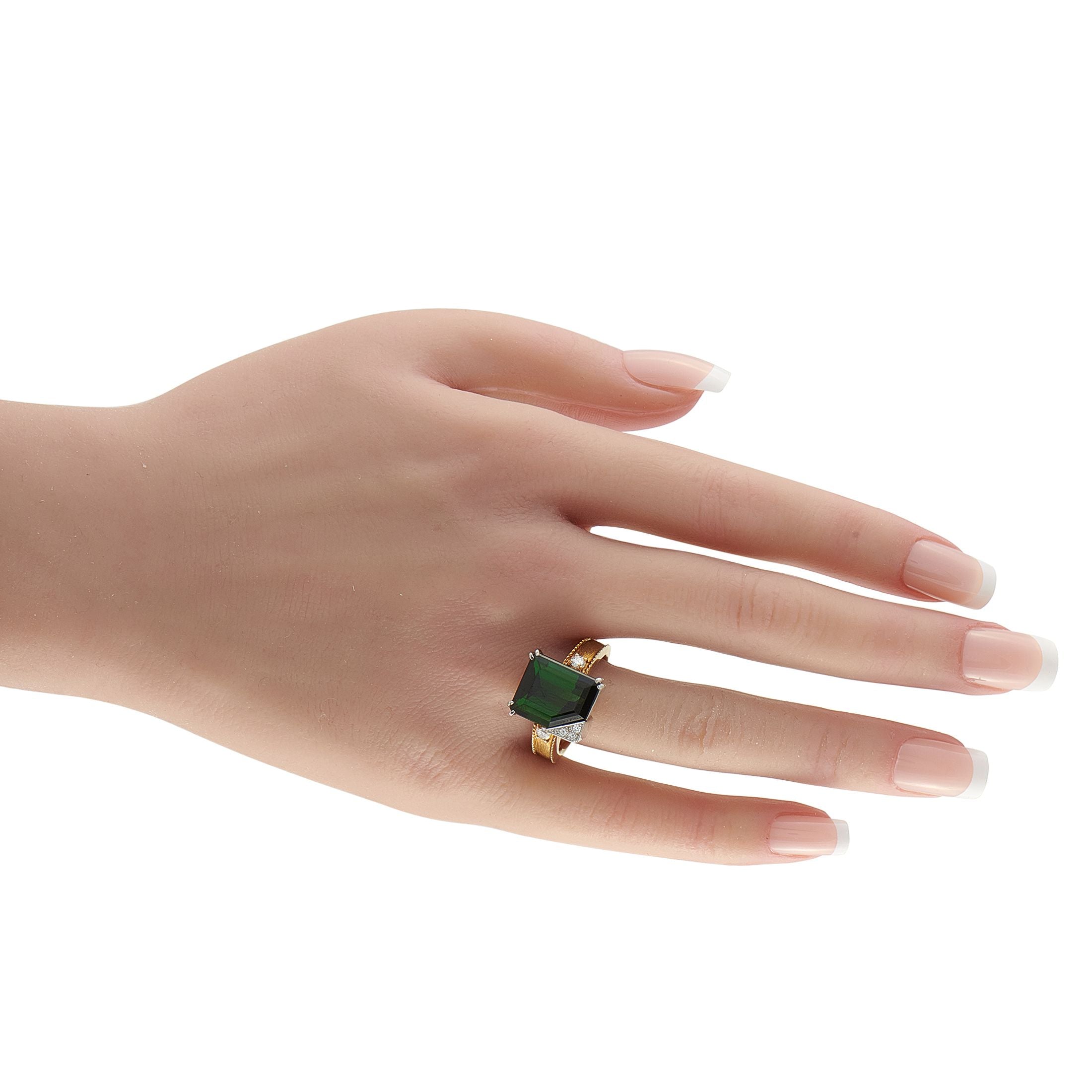 Exclusive Platinum and 18K Yellow Gold 0.20ct Diamond and Green Tourmaline Ring