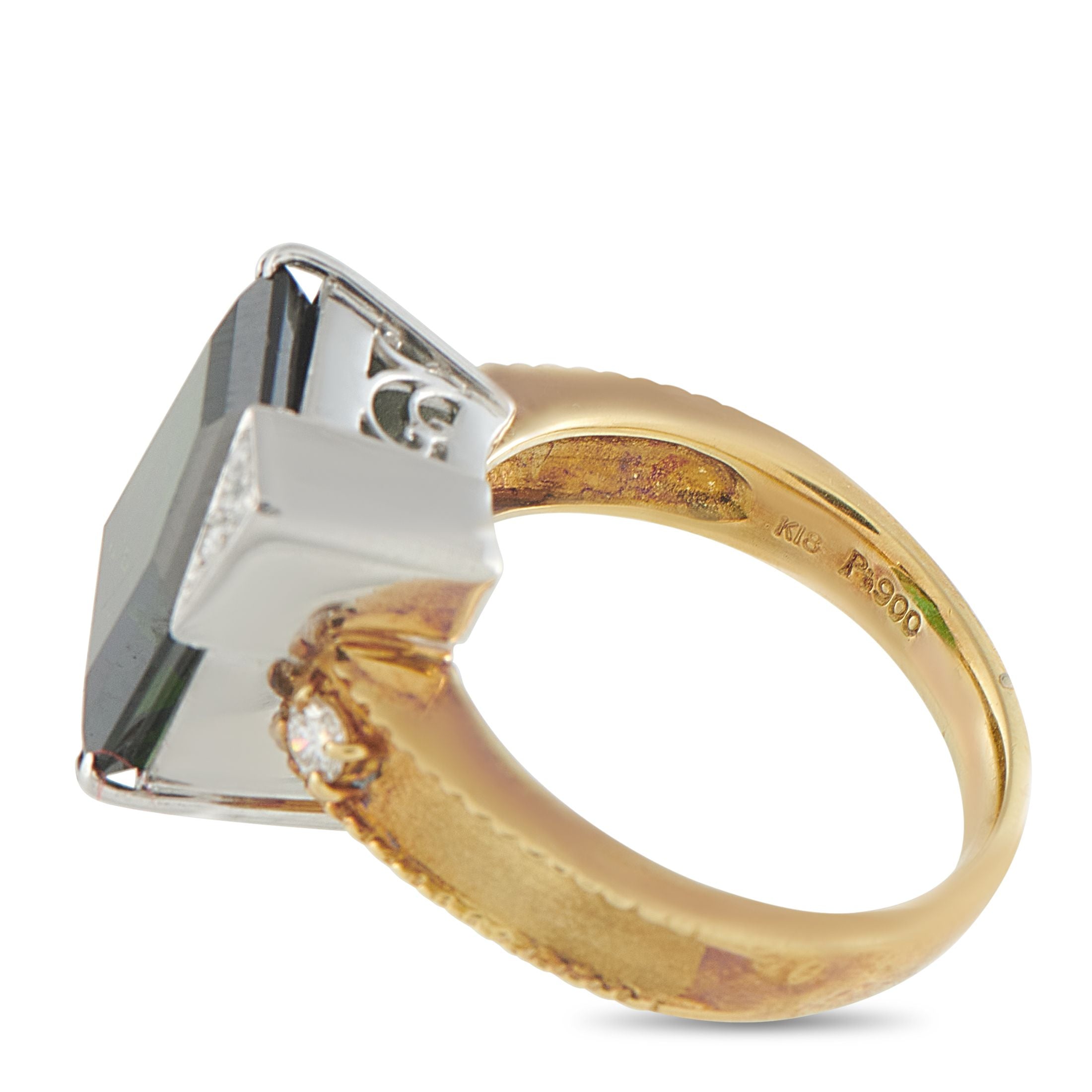 Exclusive Platinum and 18K Yellow Gold 0.20ct Diamond and Green Tourmaline Ring