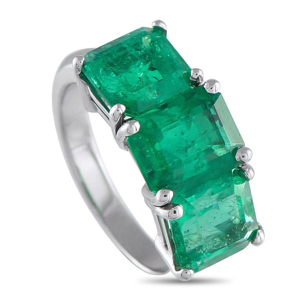 Exclusive Platinum 8.0 ct Colombian Emerald Three-Stone Ring MF28-090525 – This platinum ring features three Colombian emeral