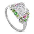 Platinum diamond ring with clear center stone, green round stones, pink oval accents