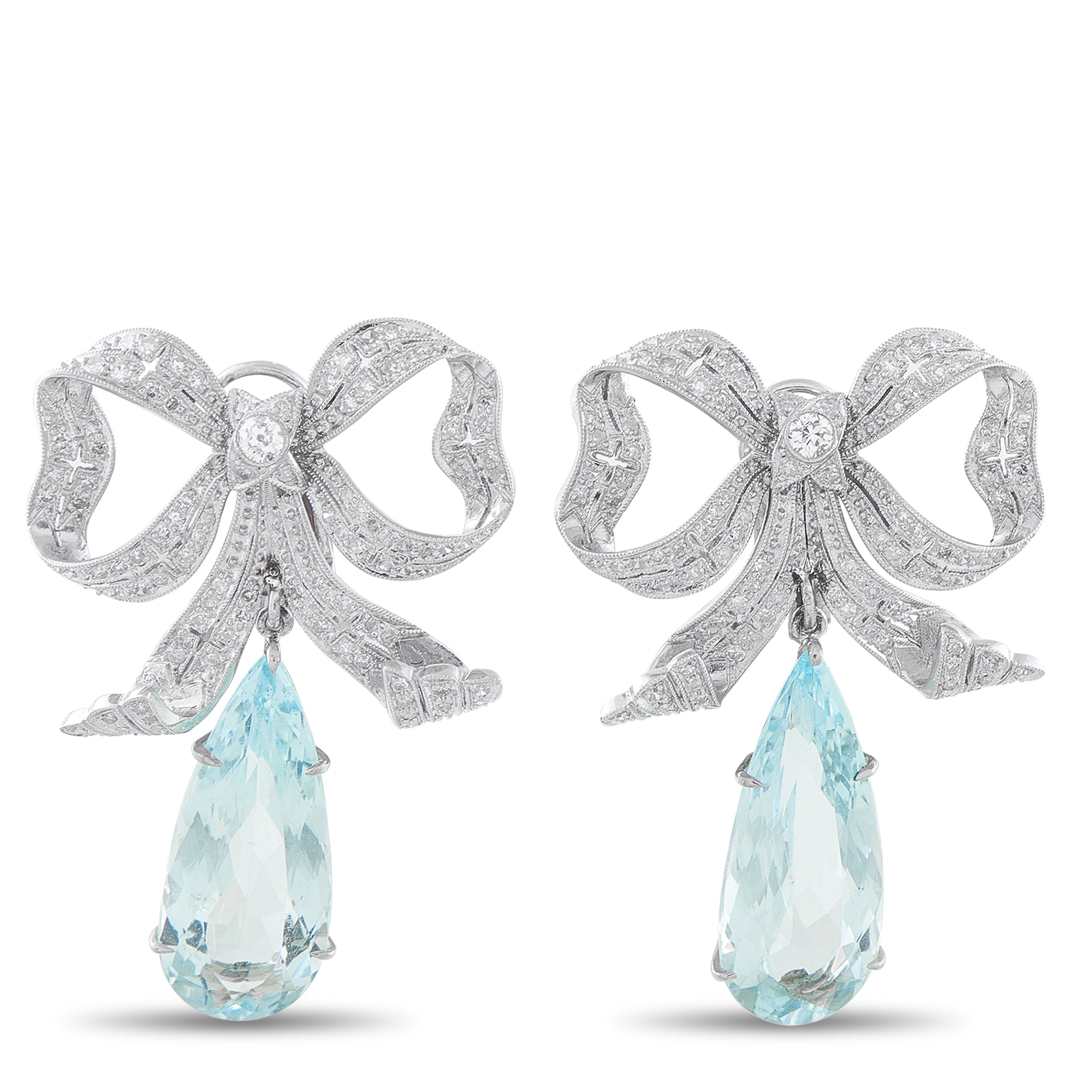 Platinum 0.50ct Diamond and Aquamarine Bow Earrings