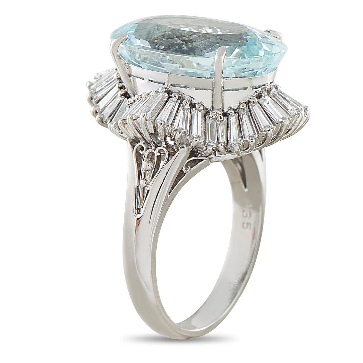 Aquamarine and diamond ring shown from the side, with a split platinum band