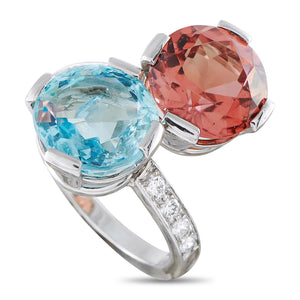 Platinum 0.20ct Diamond, Aquamarine, and Tourmaline Ring