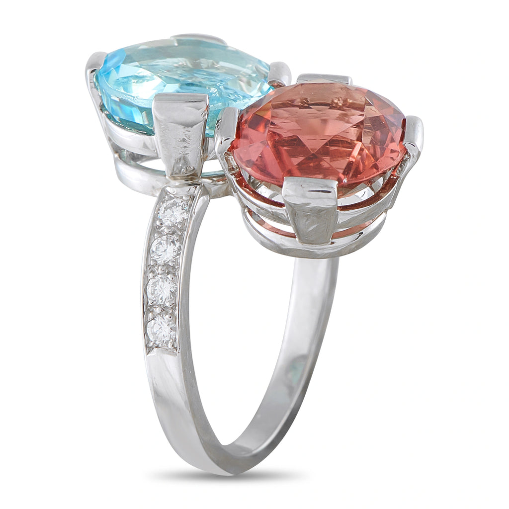 Platinum 0.20ct Diamond, Aquamarine, and Tourmaline Ring