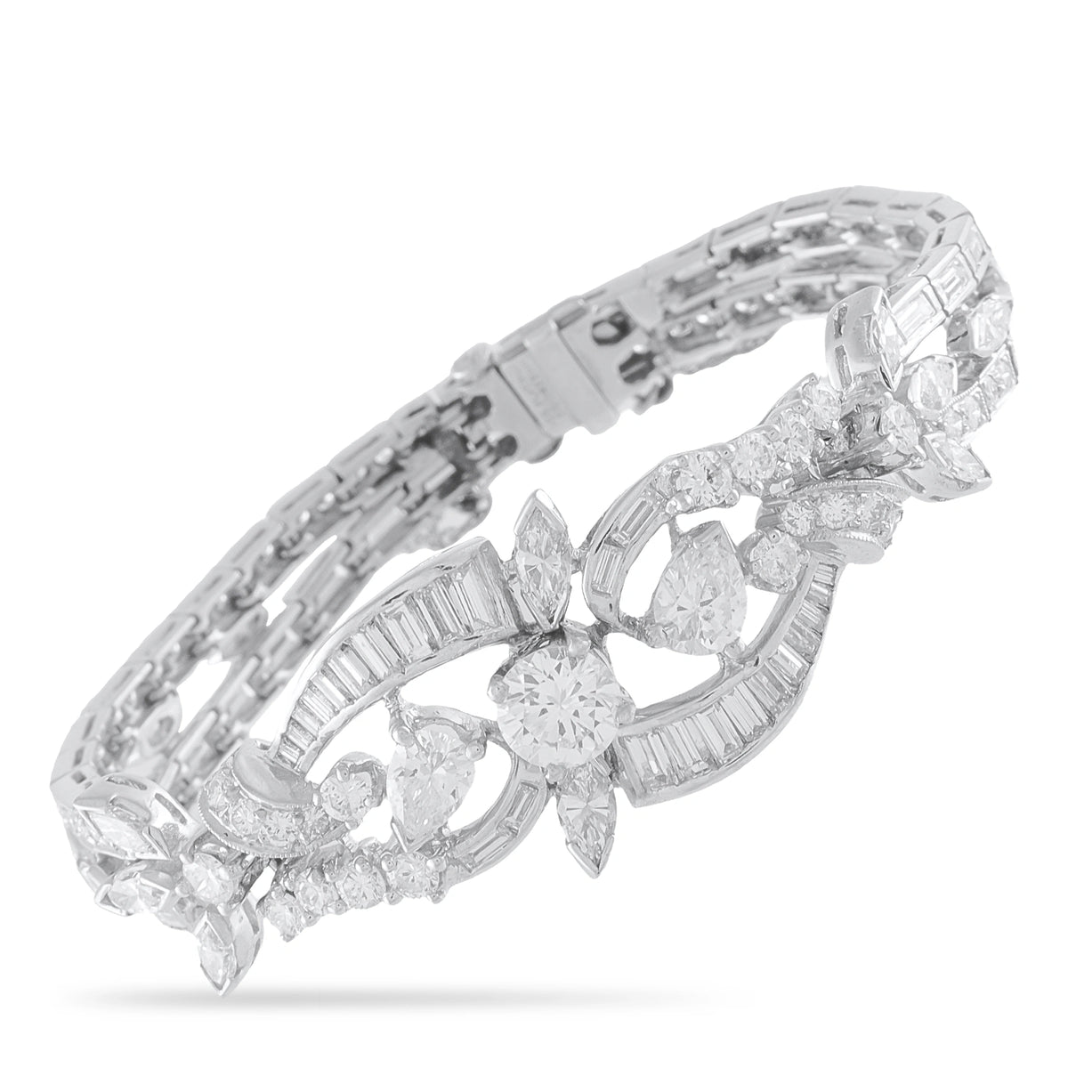 Platinum diamond tennis bracelet with vintage geometric links and central floral cluster