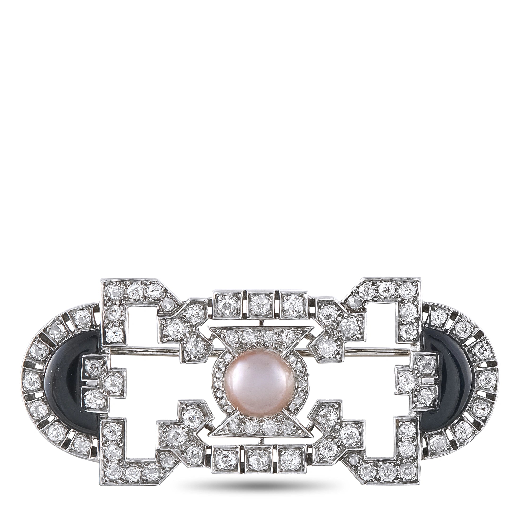 Art Deco brooch with pearl center, onyx insets, and diamond-like geometric frame