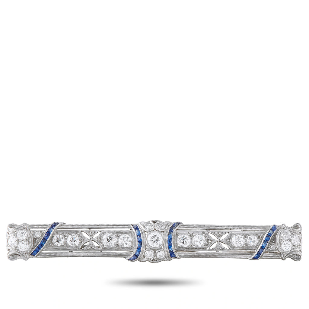 Art Deco platinum bar pin with diamonds and blue sapphires, geometric settings