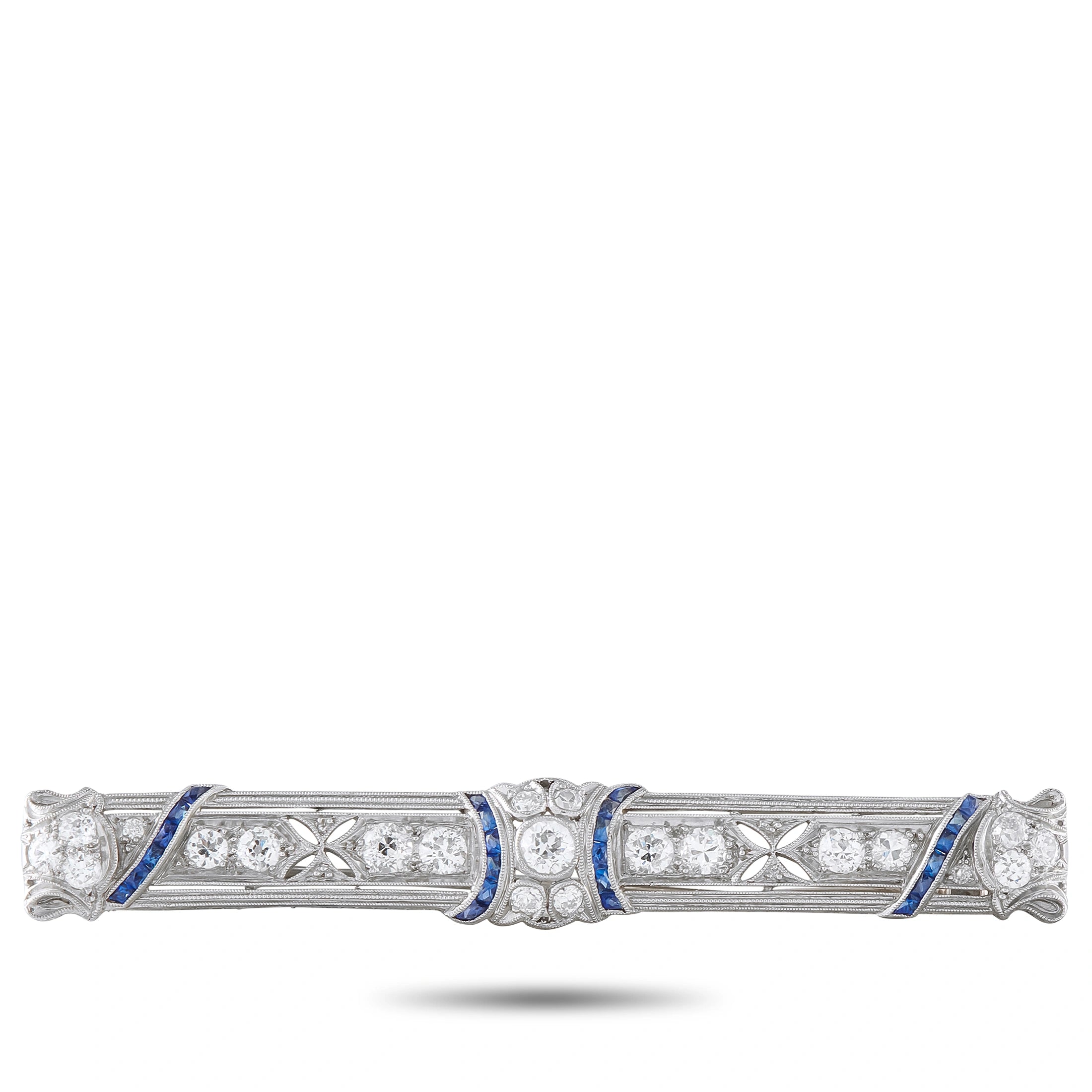 Art Deco platinum bar pin with diamonds and blue sapphires, geometric settings