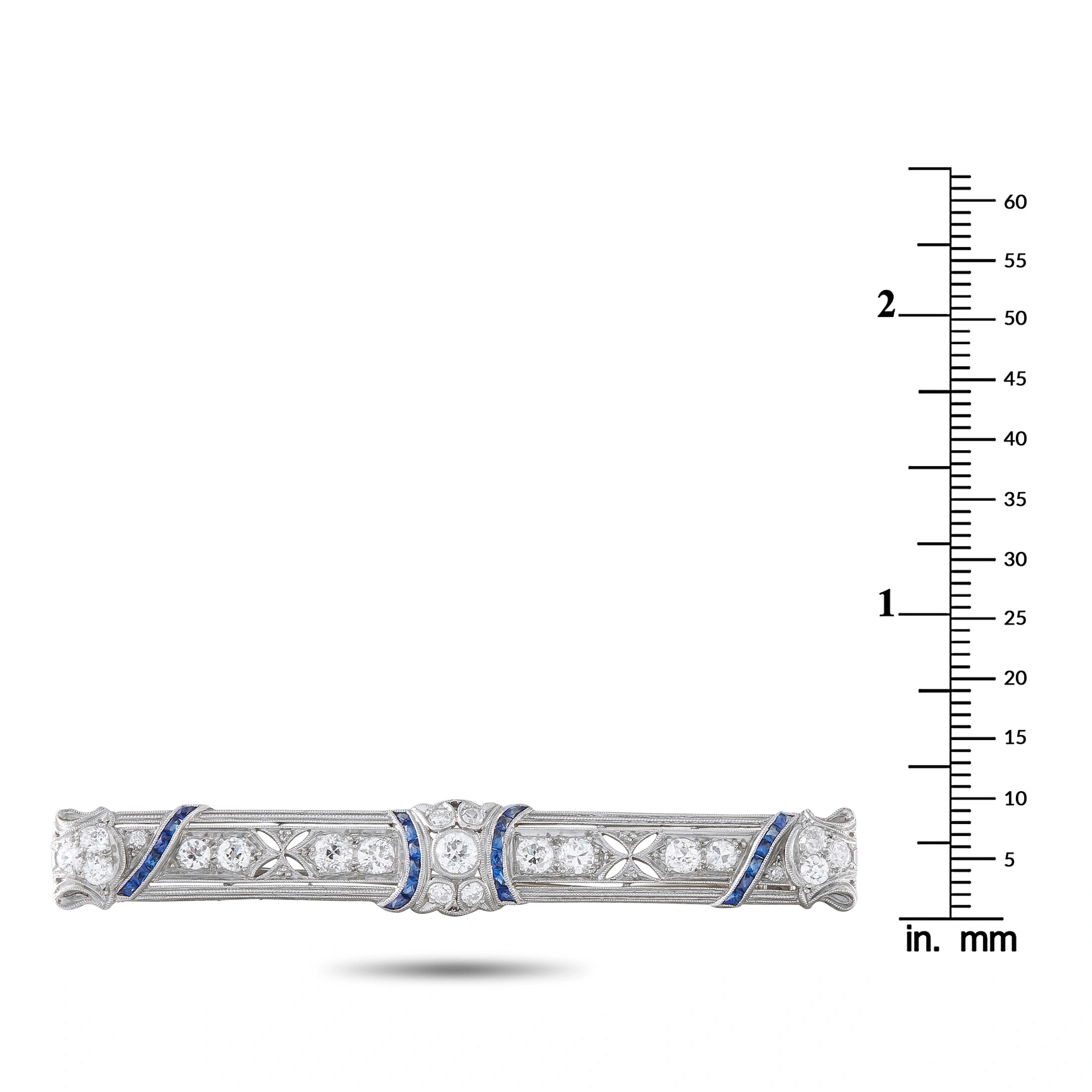 Diamond and sapphire bar pin in platinum with size scale, art deco geometry
