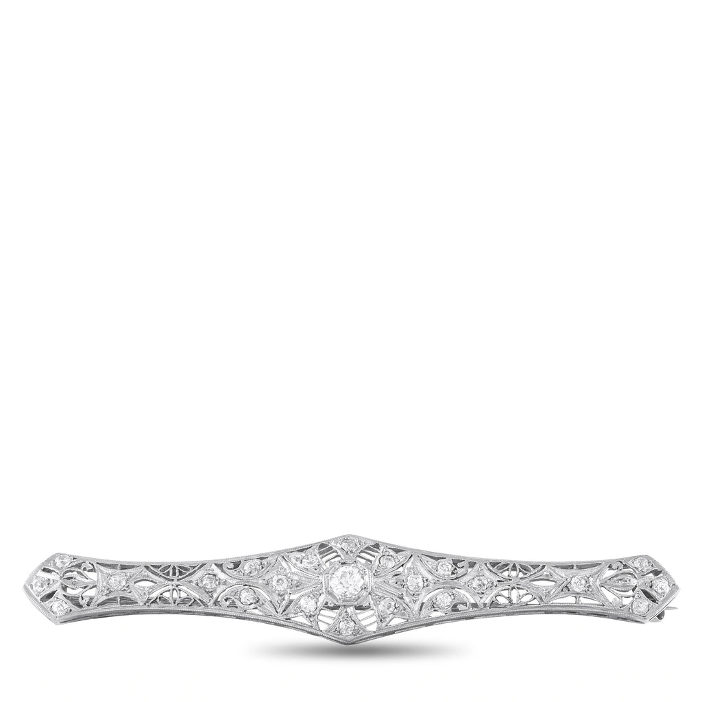 Platinum-toned diamond brooch with elongated marquise center and pave detailing