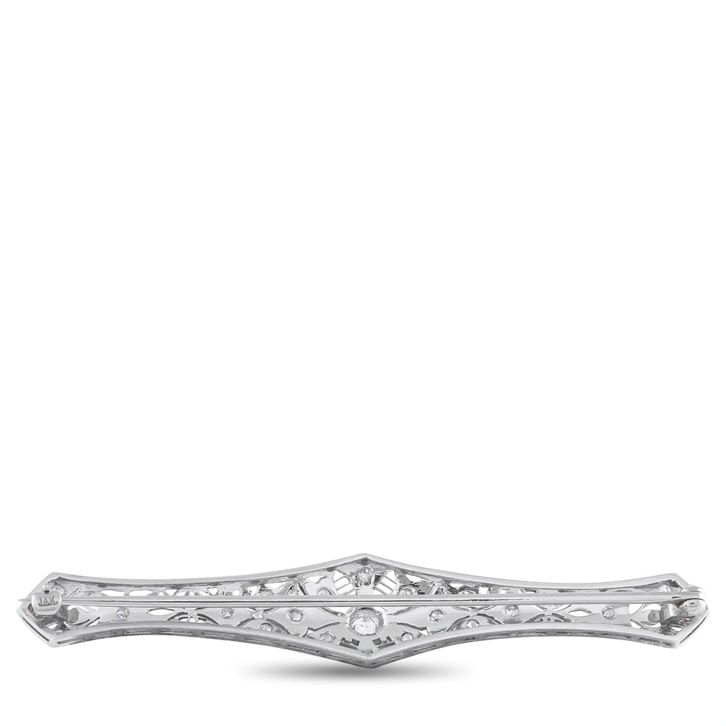 Platinum-toned diamond brooch with elongated marquise outline and pave stone settings