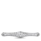 Platinum-toned diamond brooch with elongated marquise outline and pave stone settings