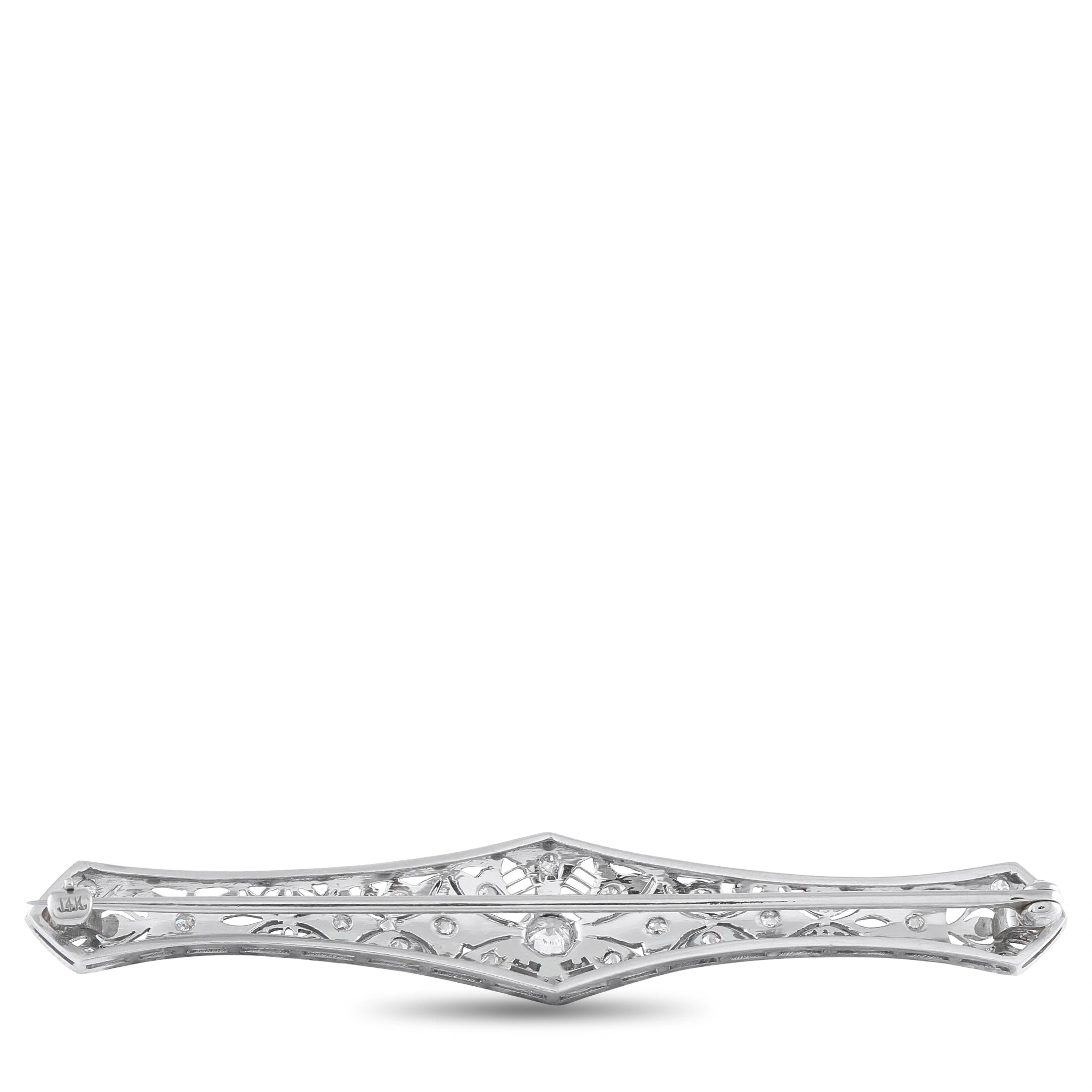 Platinum-toned diamond brooch with elongated marquise outline and pave stone settings