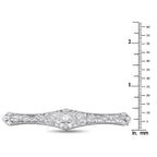 Platinum-toned diamond brooch shown with mm size scale, elongated marquise center