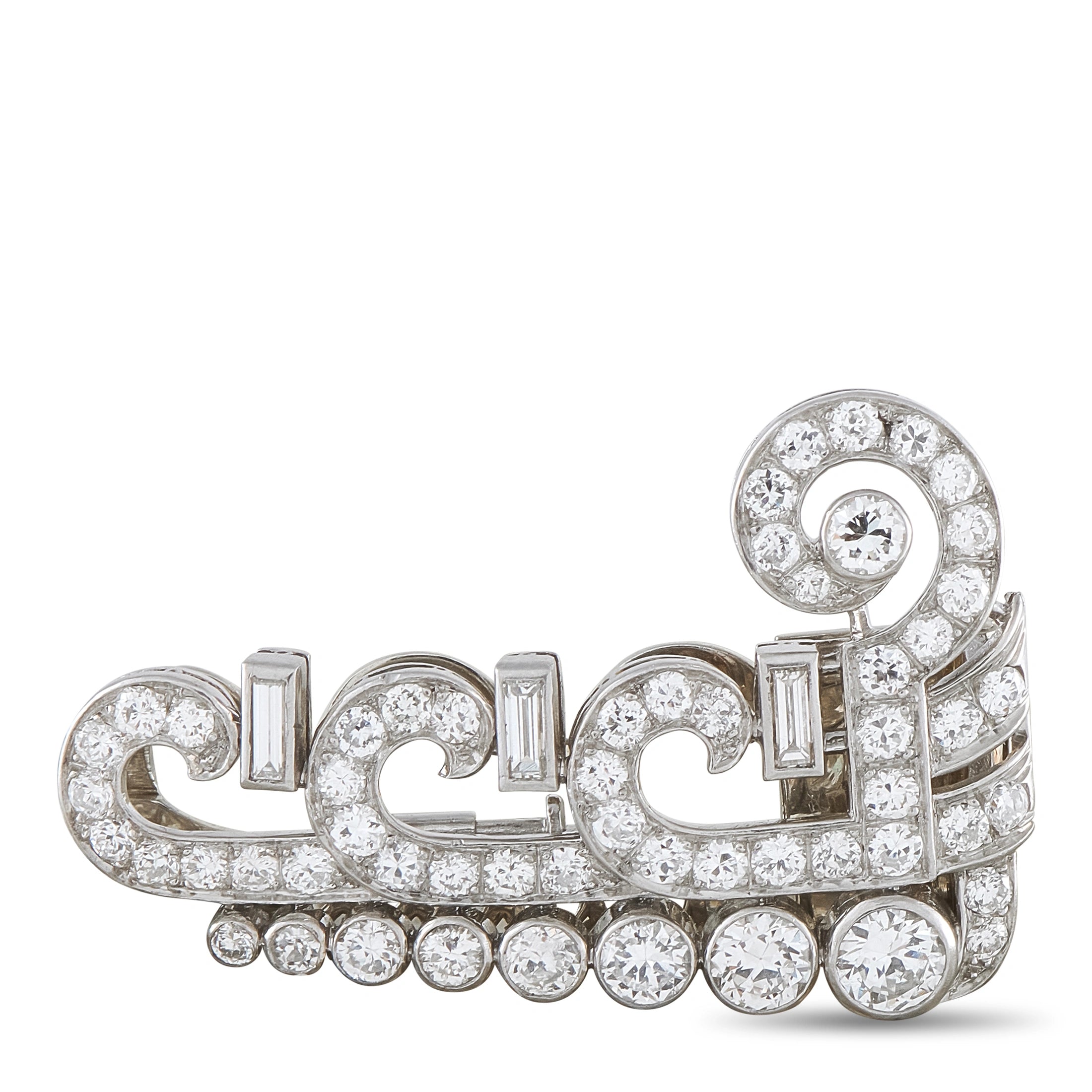 Antique Platinum 1.50ct Diamond Art Deco Scroll Brooch