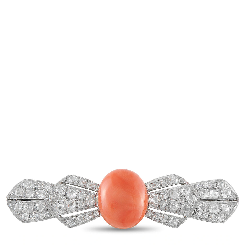Antique Platinum 2.4ct Diamond and Coral Bar Brooch