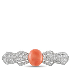 Antique Platinum 2.4ct Diamond and Coral Bar Brooch