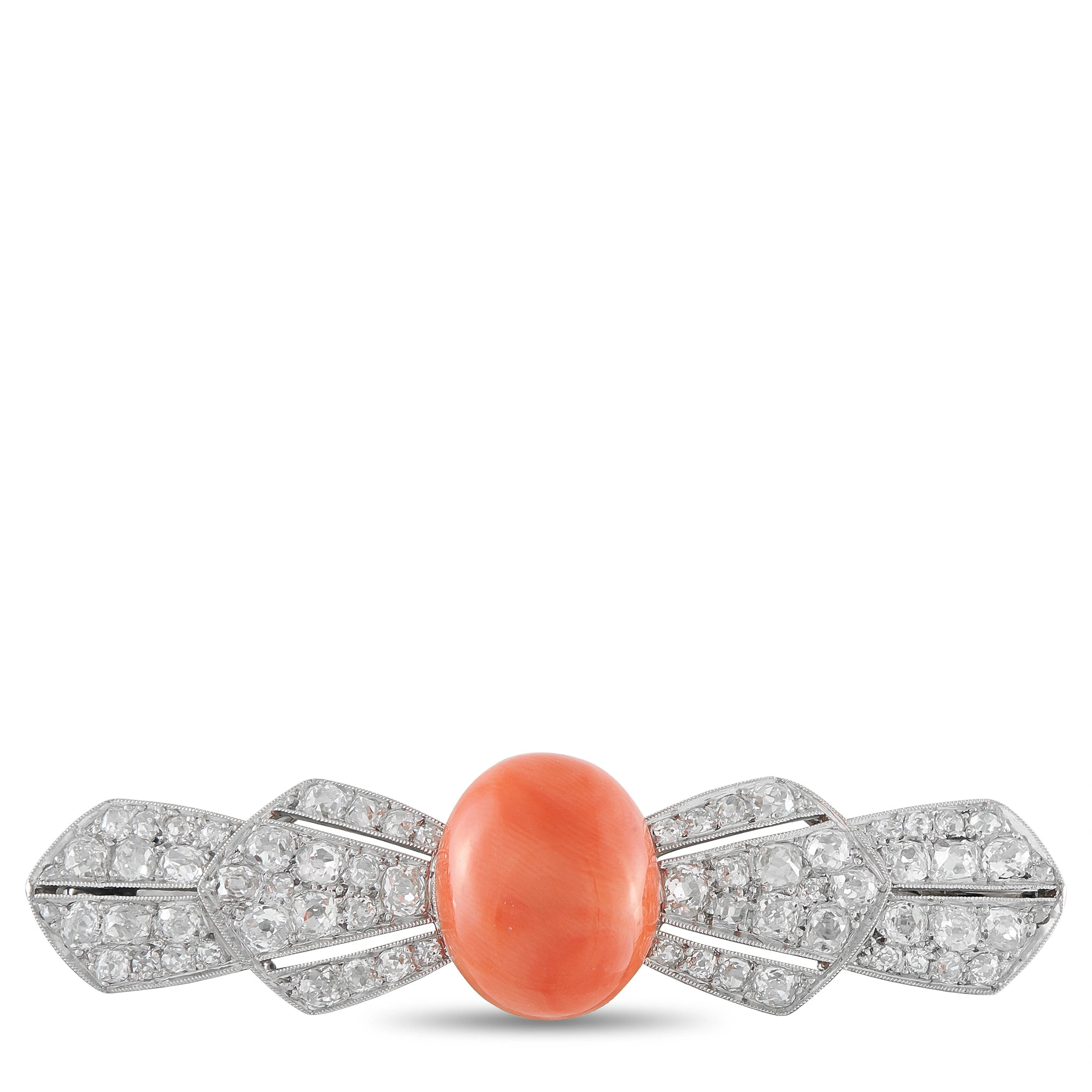 Antique Platinum 2.4ct Diamond and Coral Bar Brooch