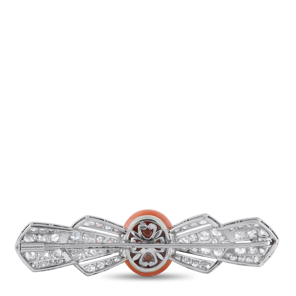 Antique Platinum 2.4ct Diamond and Coral Bar Brooch
