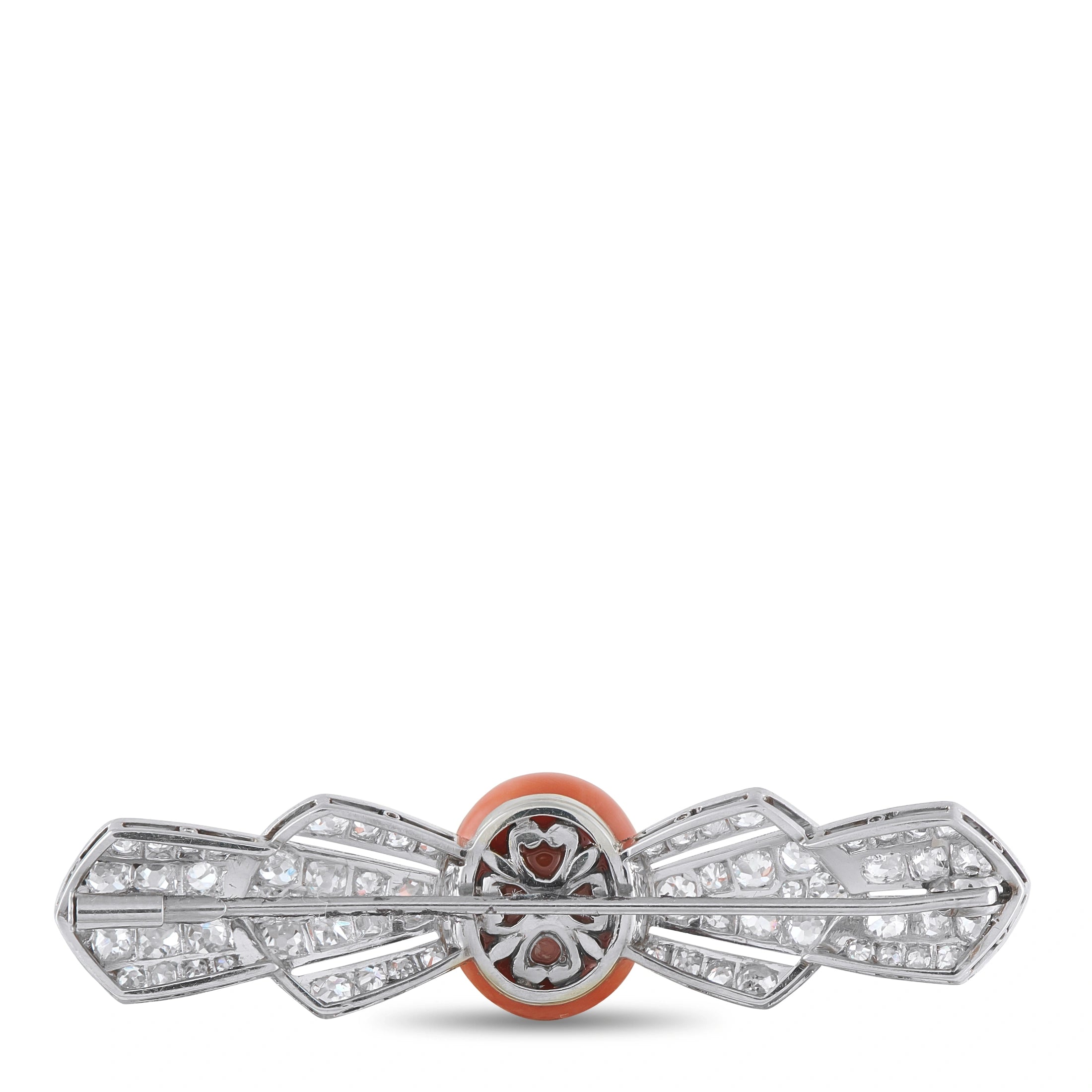 Antique Platinum 2.4ct Diamond and Coral Bar Brooch