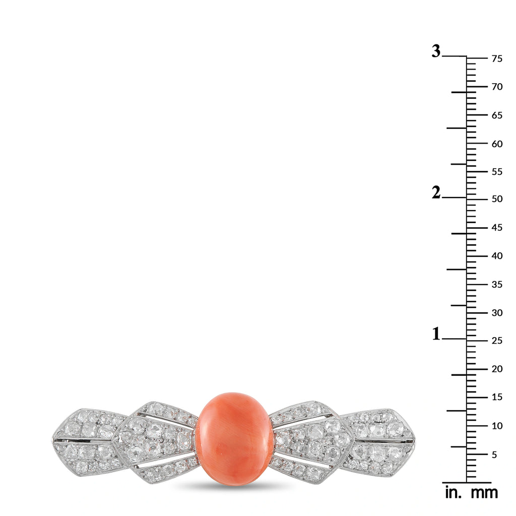 Antique Platinum 2.4ct Diamond and Coral Bar Brooch