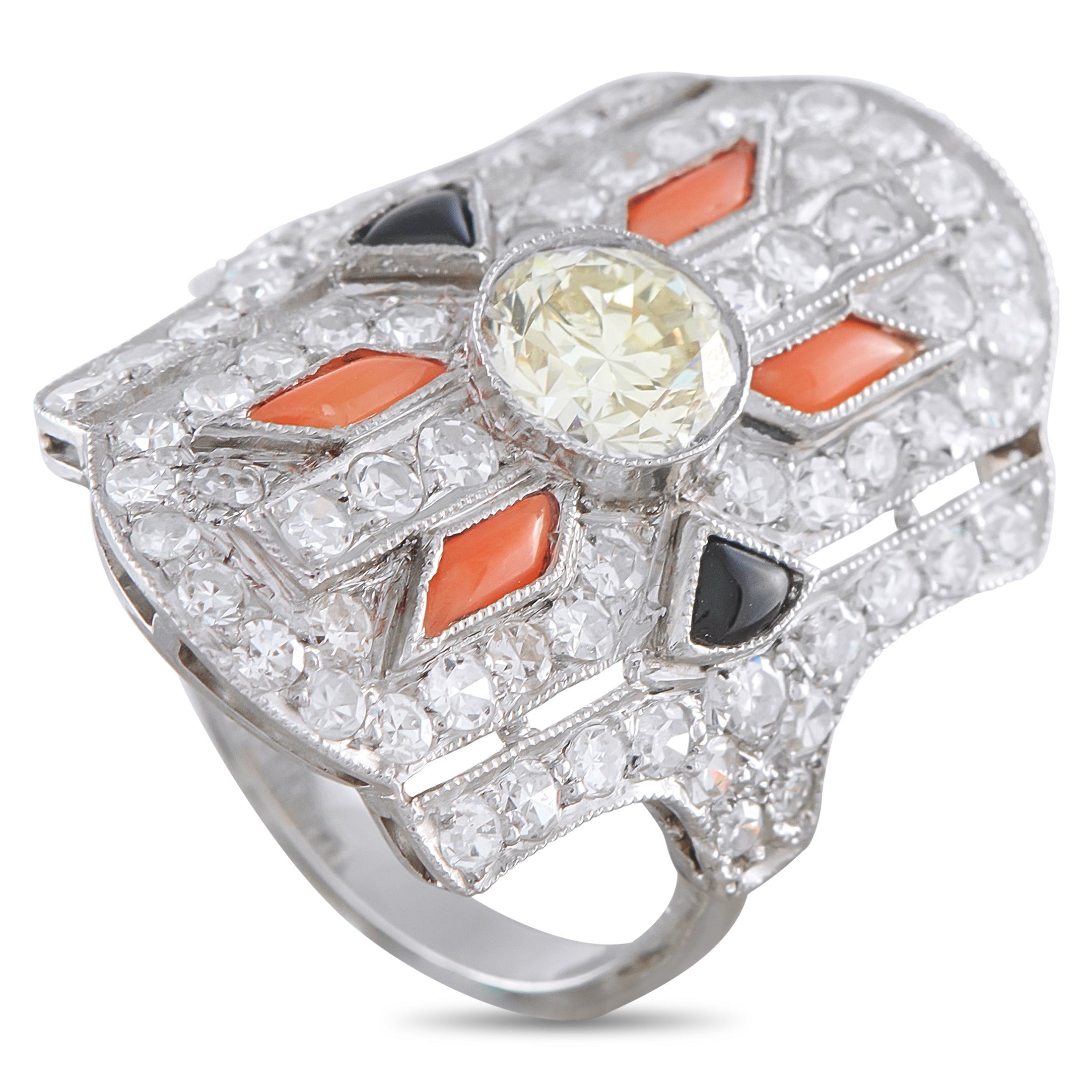 Platinum 3.0ct Diamond, Coral, and Onyx Ring