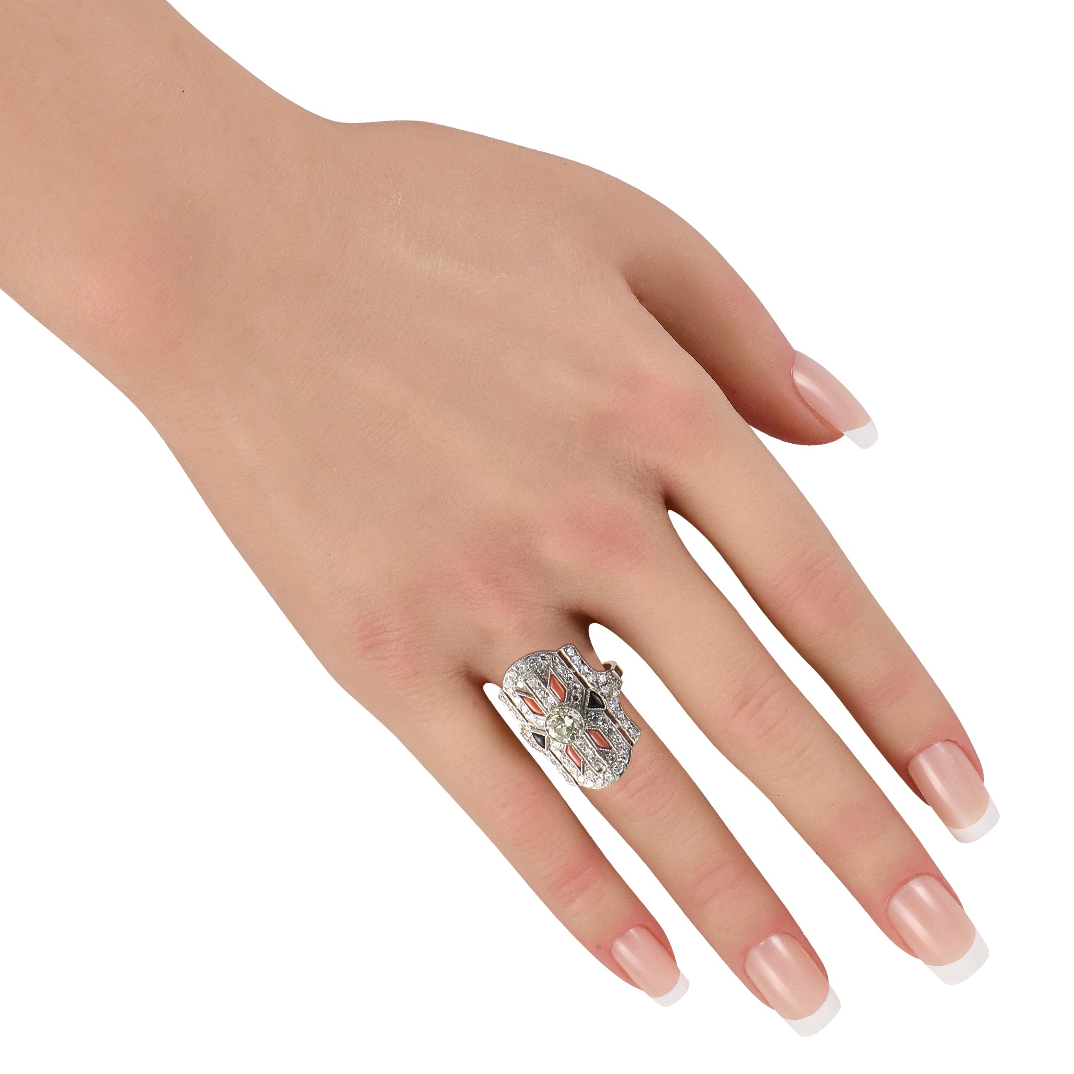 Platinum 3.0ct Diamond, Coral, and Onyx Ring