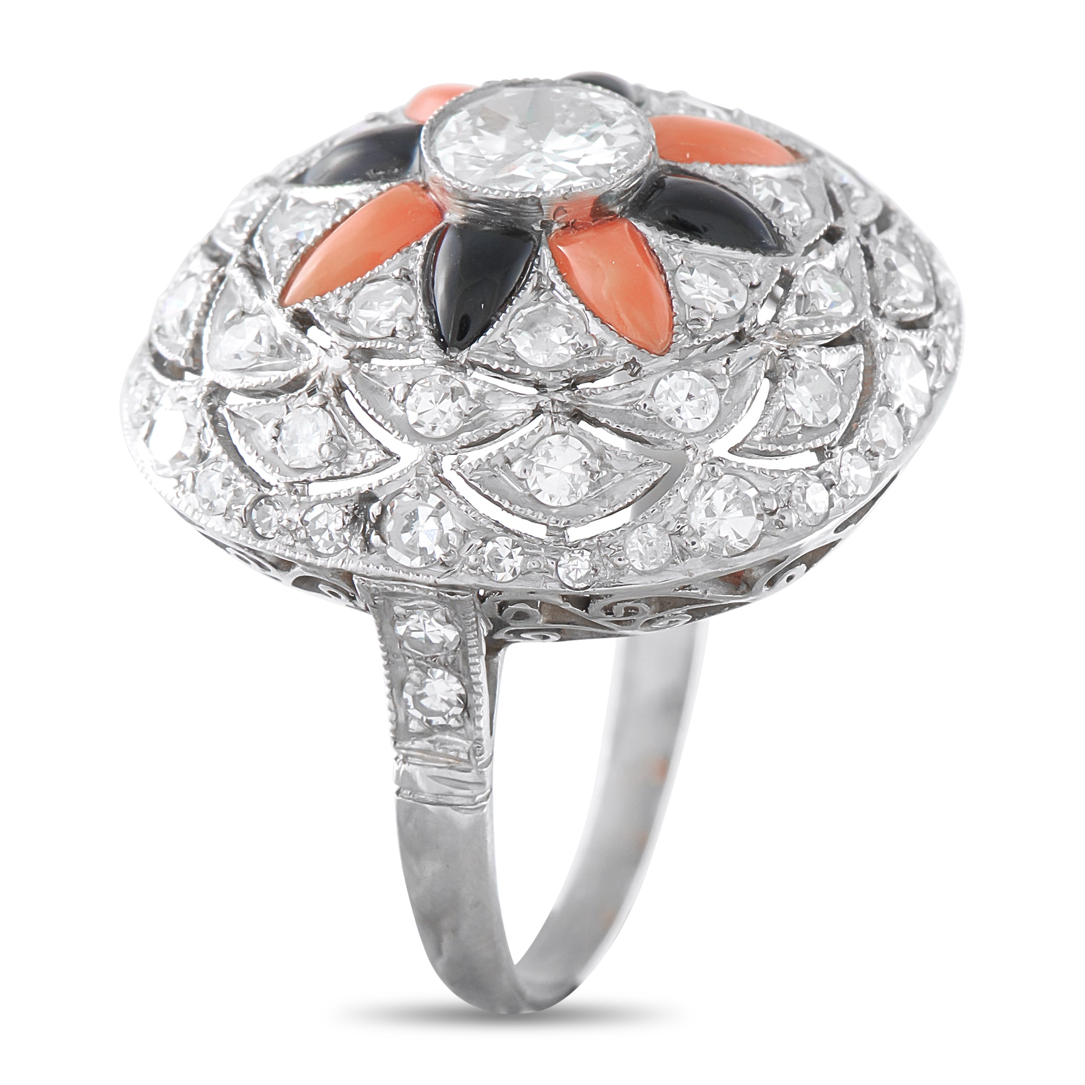 Platinum 1.50ct Diamond, Onyx and Coral Ring