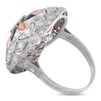Platinum 1.50ct Diamond, Onyx and Coral Ring