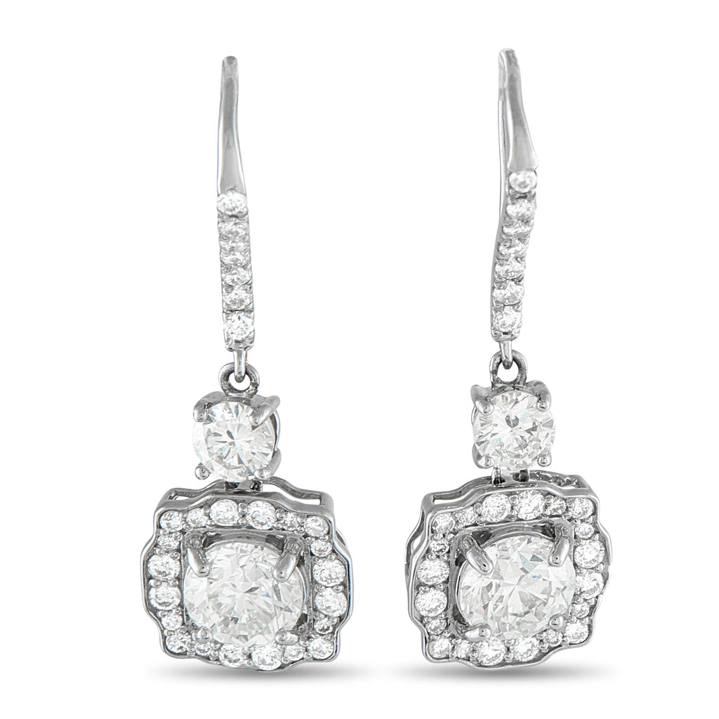 Platinum 3.30ct Diamond Drop Earrings - These opulent luxury earrings will never go out of style. Set in shimmering Platinum, a 1.0 carat round-cut Diamond and a 1.0