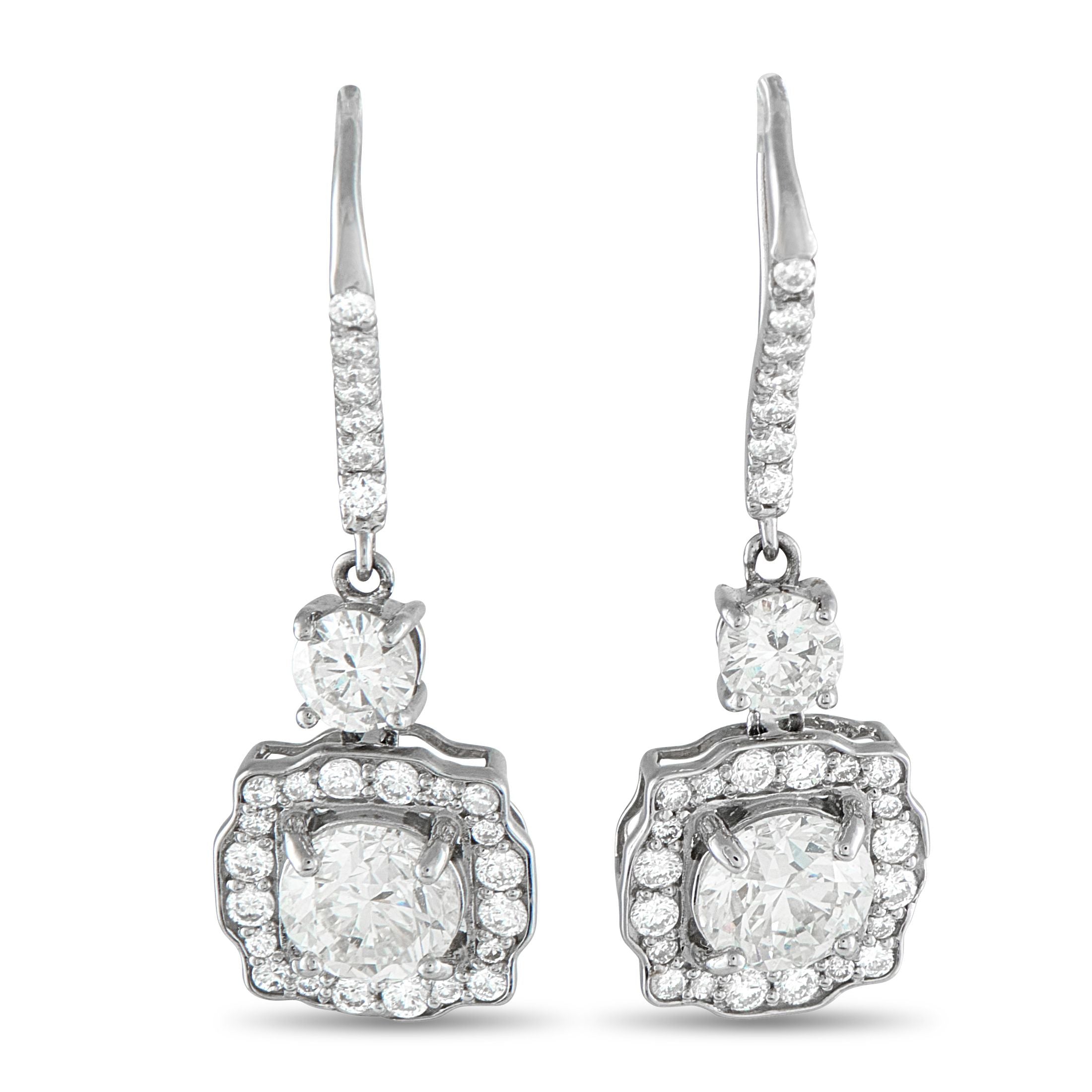 Platinum 3.30ct Diamond Drop Earrings - These opulent luxury earrings will never go out of style. Set in shimmering Platinum, a 1.0 carat round-cut Diamond and a 1.0