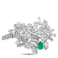 Platinum diamond and emerald brooch with green pear-shaped center and baguette clusters