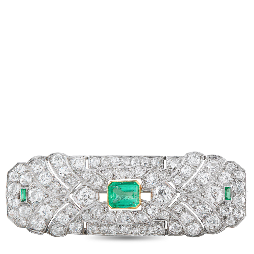 Platinum 5.30ct Diamond and Emerald Art Deco Brooch