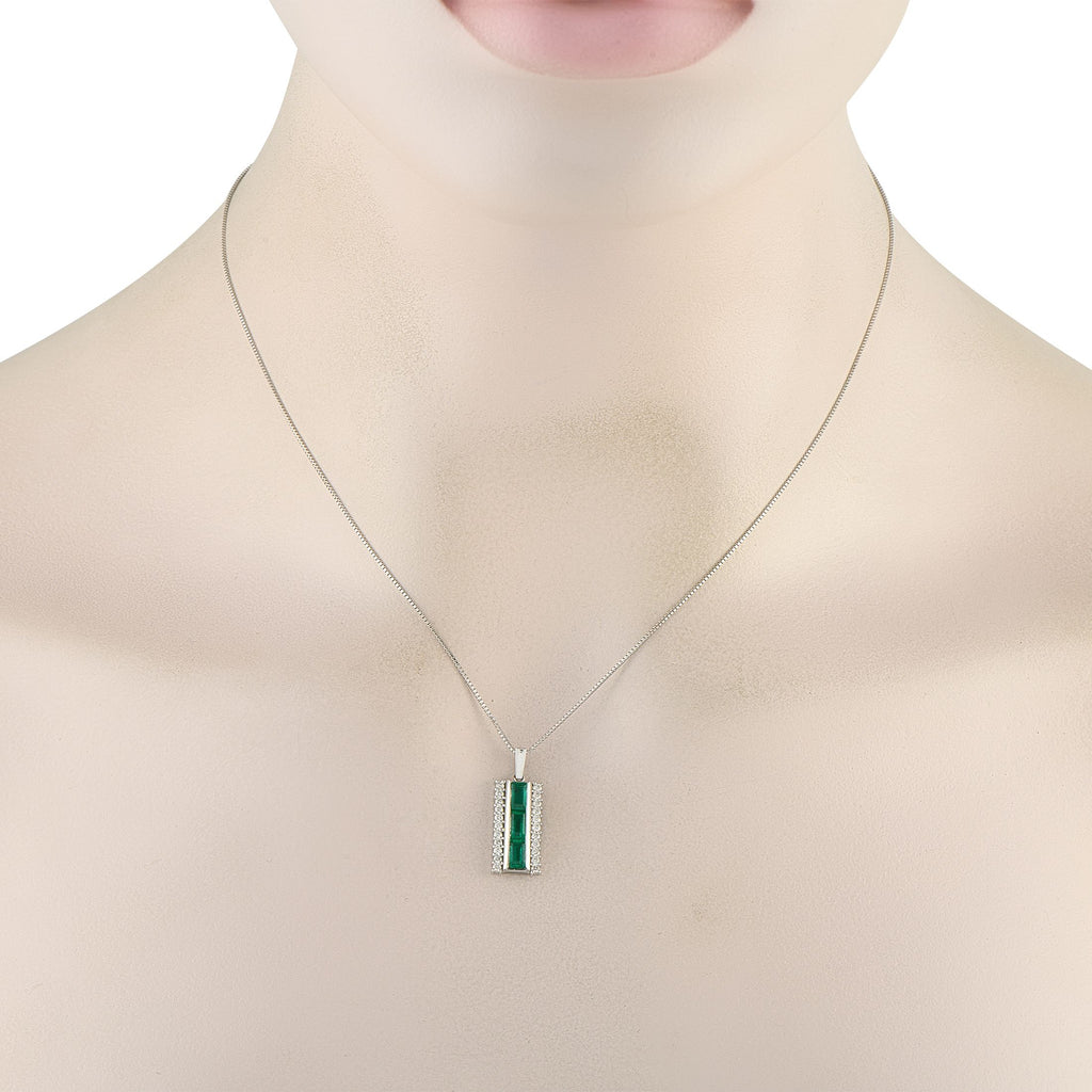 Exclusive Platinum 0.25ct Diamond and Emerald Bar Pendant Necklace