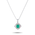Platinum diamond and emerald pendant with green square center and halo detail