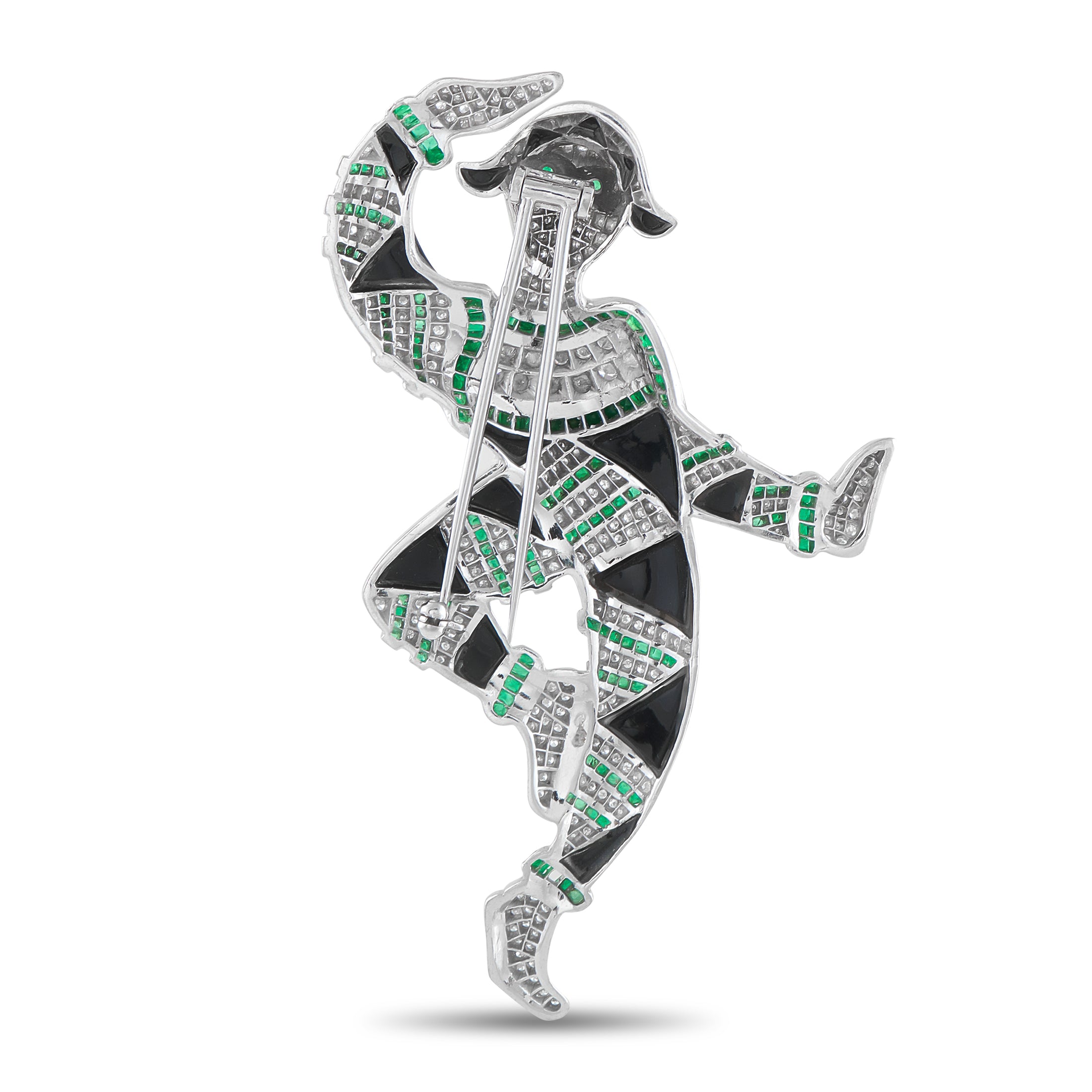 Platinum 3.50ct Diamond, Emerald, and Onyx Art Deco Harlequin Brooch