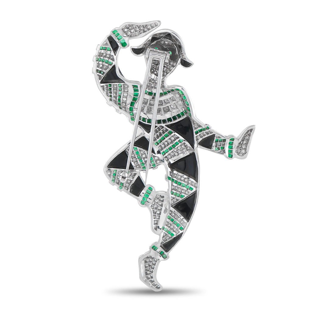 Platinum 3.50ct Diamond, Emerald, and Onyx Art Deco Harlequin Brooch