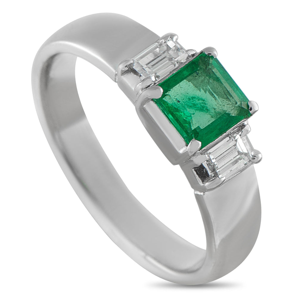Platinum 0.29ct Diamond and Emerald Ring - This luxury ring features a sleek, sophisticated design that will never go out of style. At the center, a 0.61 carat Emerald